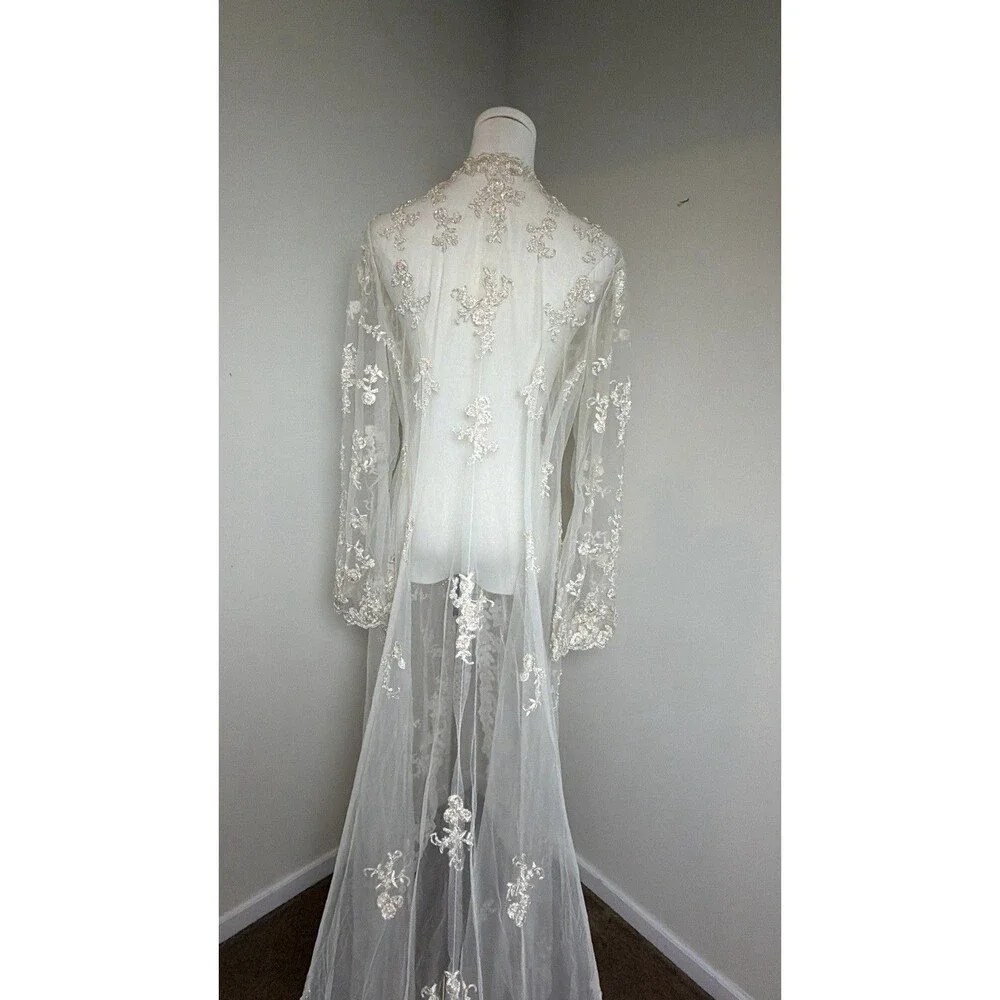 Vintage Ivory Bridal Robe Embroidered Tulle Beaded Pearl Long Train Wedding
